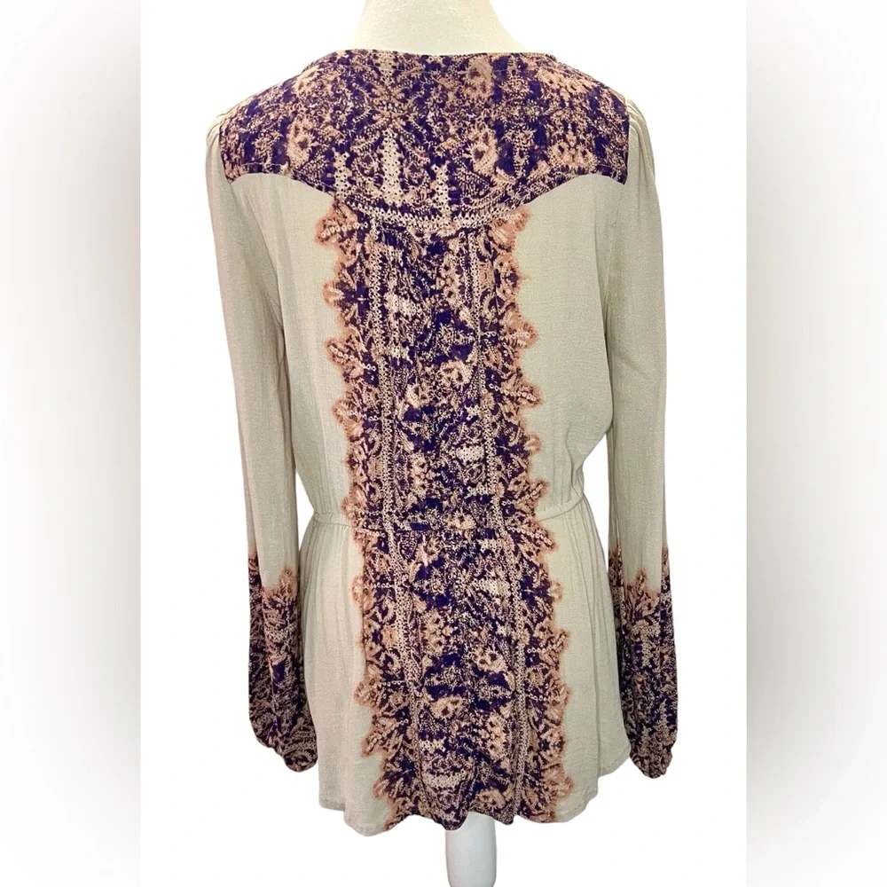 FREE PEOPLE boho style Tunic lace up blouse cream orange and purple | Size Small